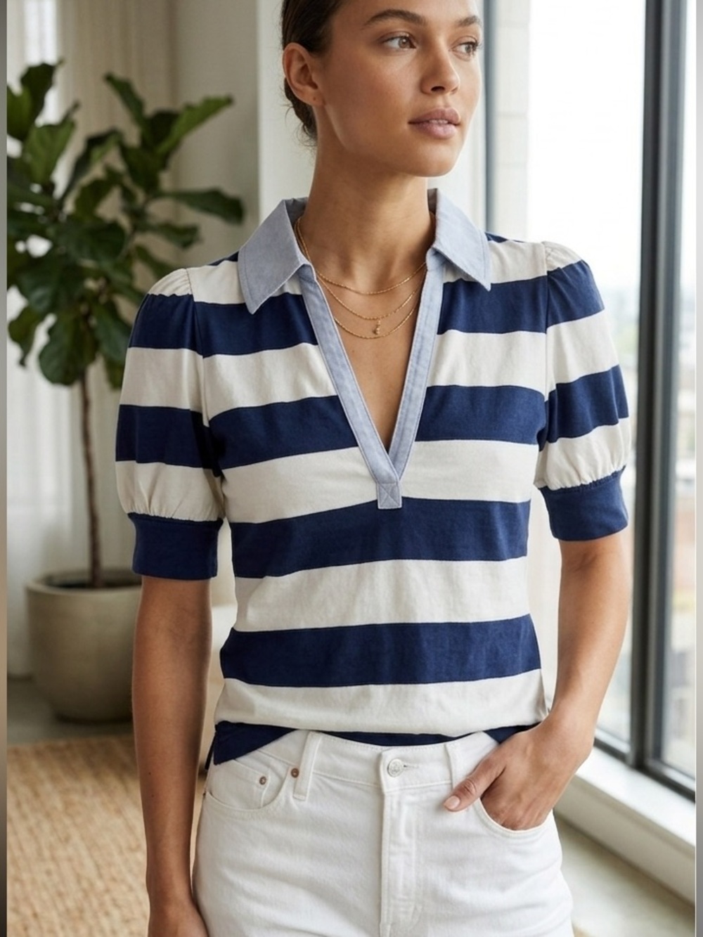 Anthropologie Maeve Navy and White Striped Button-Down Polo Top
